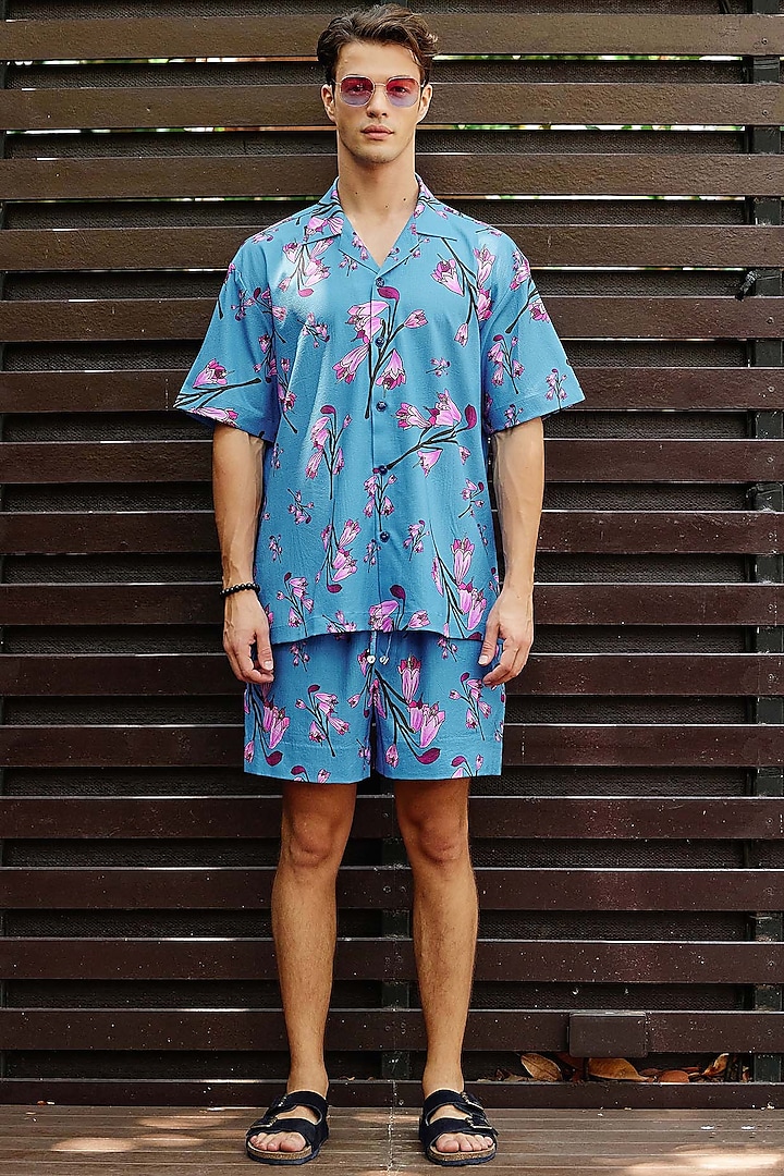 Teal Blue Fluid Cotton Printed Co-Ord Set by Nautanky By Nilesh Parashar Men