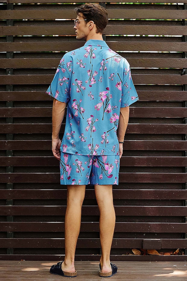 Teal Blue Fluid Cotton Printed Co-Ord Set by Nautanky By Nilesh Parashar Men at Pernia's Pop Up Shop