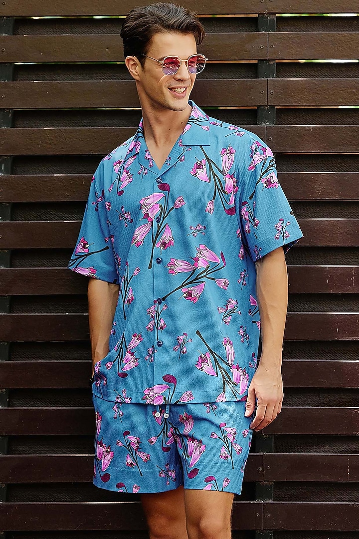 Teal Blue Fluid Cotton Printed Co-Ord Set by Nautanky By Nilesh Parashar Men at Pernia's Pop Up Shop