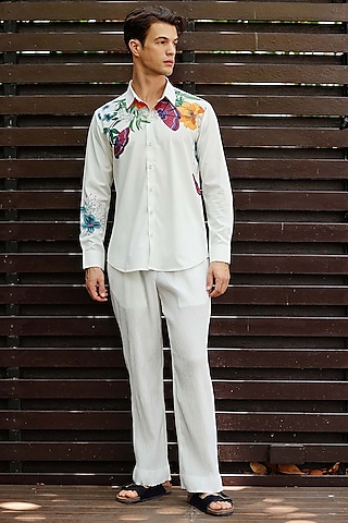 White Polyester Snake Skin Textured Pant Set by Nautanky By Nilesh Parashar Men