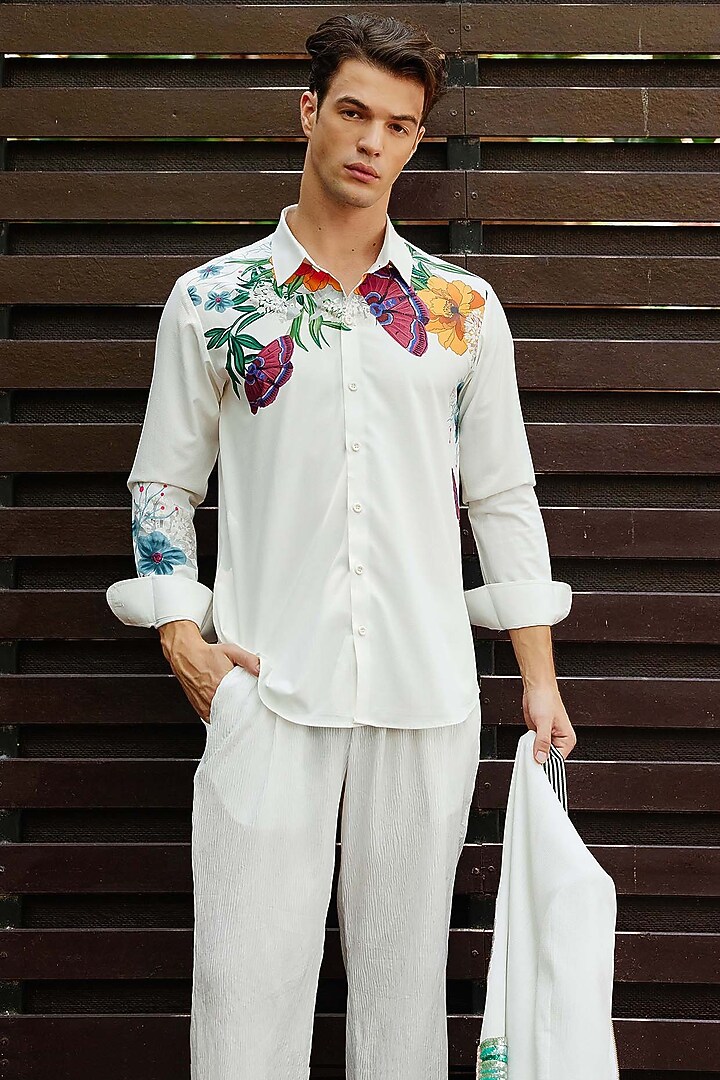 White Polyester Snake Skin Textured Pant Set by Nautanky By Nilesh Parashar Men at Pernia's Pop Up Shop