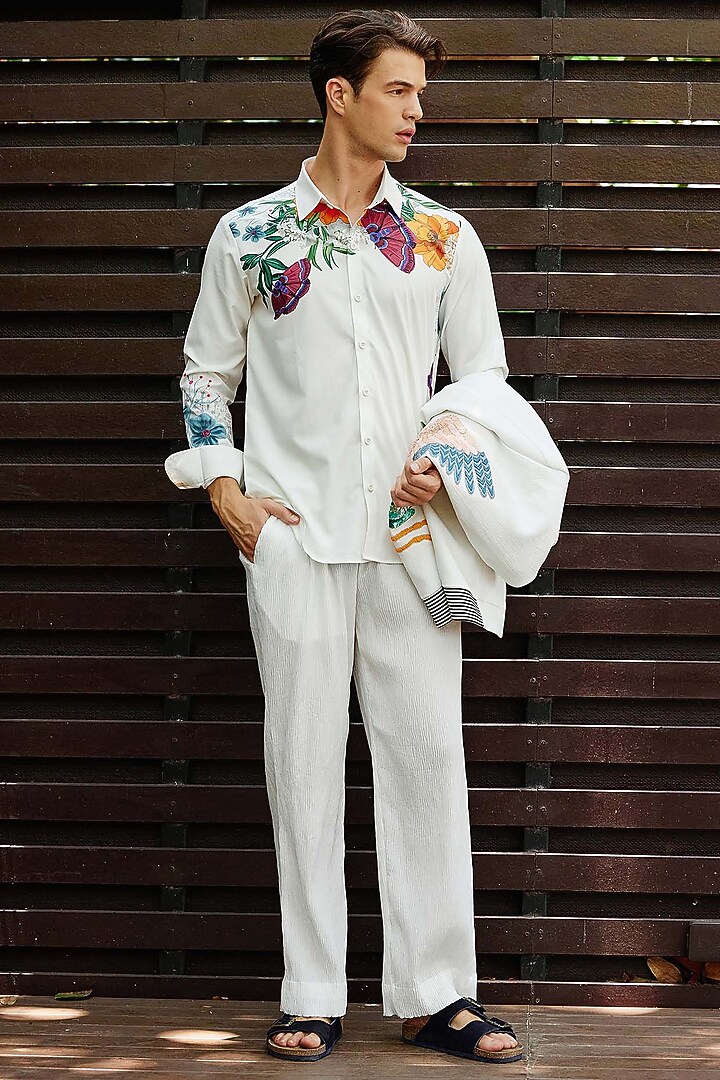 White Polyester Snake Skin Textured Pant Set by Nautanky By Nilesh Parashar Men at Pernia's Pop Up Shop