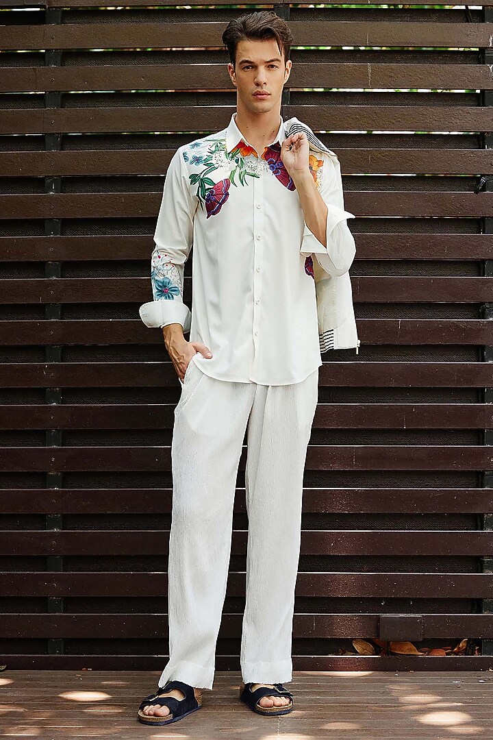 White Polyester Snake Skin Textured Pant Set by Nautanky By Nilesh Parashar Men at Pernia's Pop Up Shop