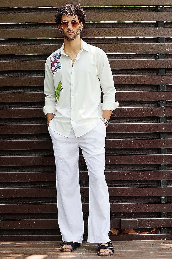 White Polyester Snake Skin Textured Pant Set by Nautanky By Nilesh Parashar Men