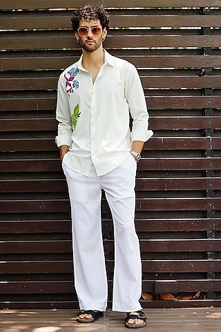 White Polyester Snake Skin Textured Pant Set by Nautanky By Nilesh Parashar Men