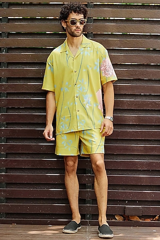 Mustard Fluid Cotton Floral Printed Co-Ord Set by Nautanky By Nilesh Parashar Men