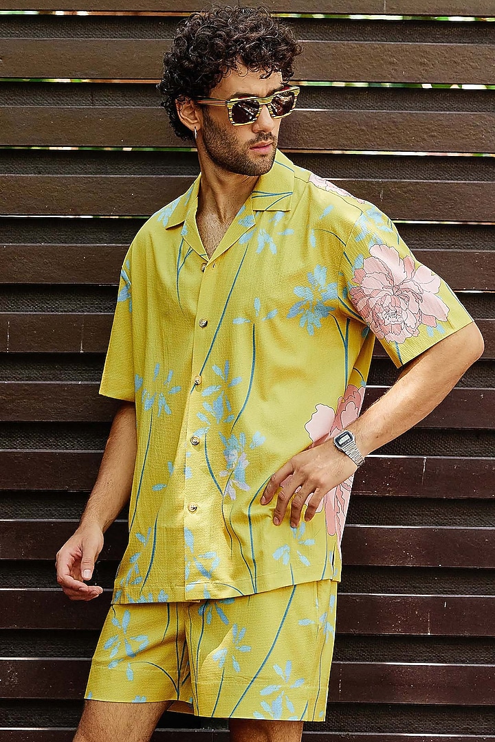 Mustard Fluid Cotton Floral Printed Co-Ord Set by Nautanky By Nilesh Parashar Men at Pernia's Pop Up Shop