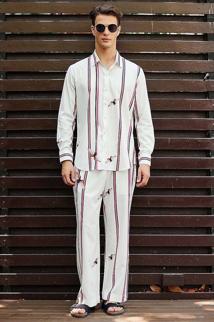 White Polyester Printed Snake Skin Textured Pant Set by Nautanky By Nilesh Parashar Men
