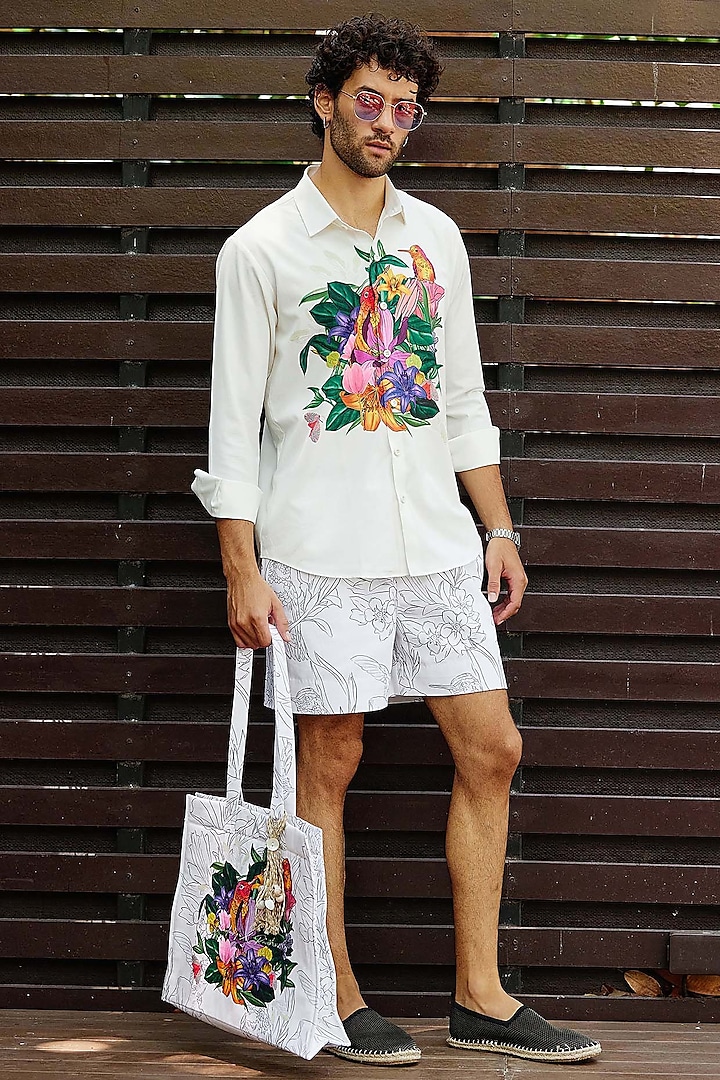 White Polyester & Canvas Printed Co-Ord Set by Nautanky By Nilesh Parashar Men