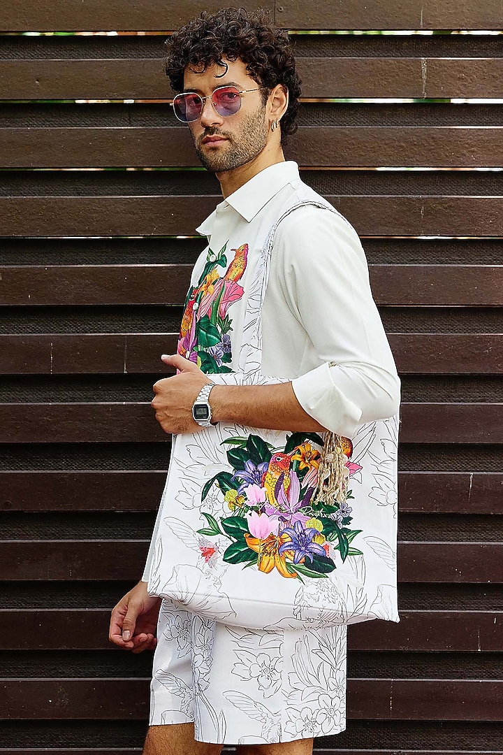 White Polyester & Canvas Printed Co-Ord Set by Nautanky By Nilesh Parashar Men at Pernia's Pop Up Shop
