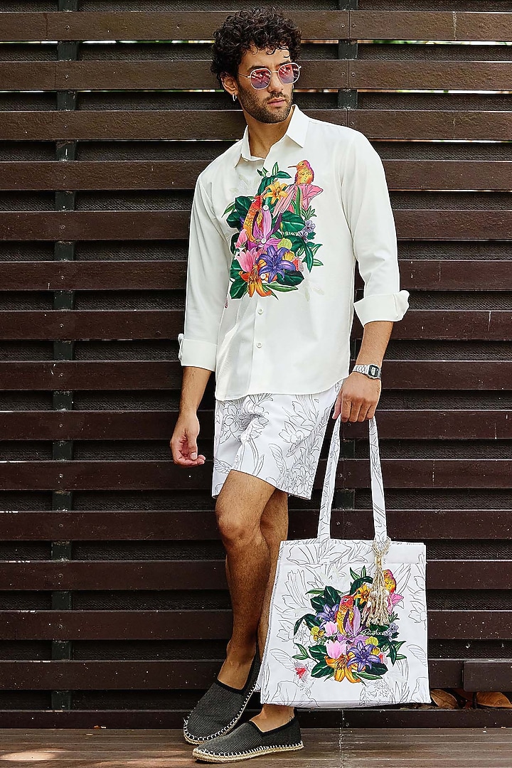 White Polyester & Canvas Printed Co-Ord Set by Nautanky By Nilesh Parashar Men at Pernia's Pop Up Shop