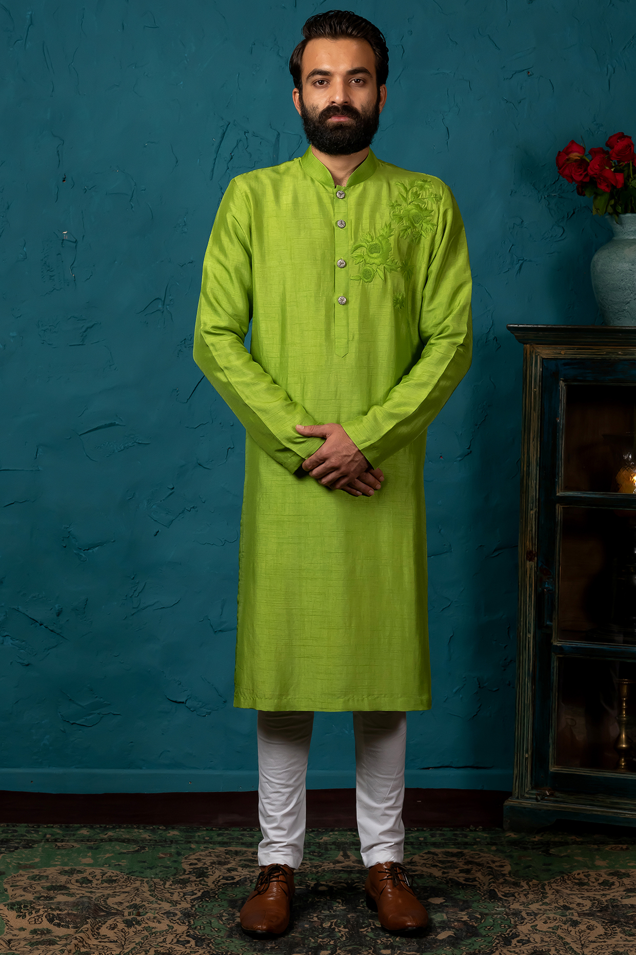 Lime Green Hand Embroidered Kurta Set by Nautanky By Nilesh Parashar Men at Pernia's Pop Up Shop