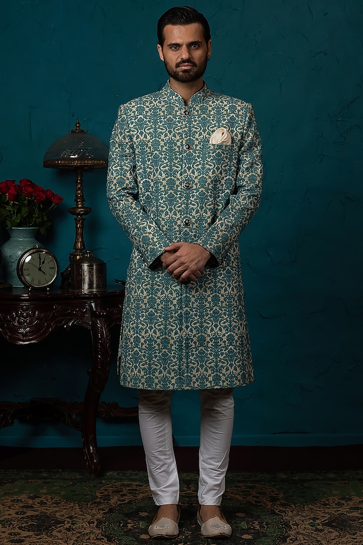 Teal Blue Printed Kurta Set by Nautanky By Nilesh Parashar Men at Pernia's Pop Up Shop