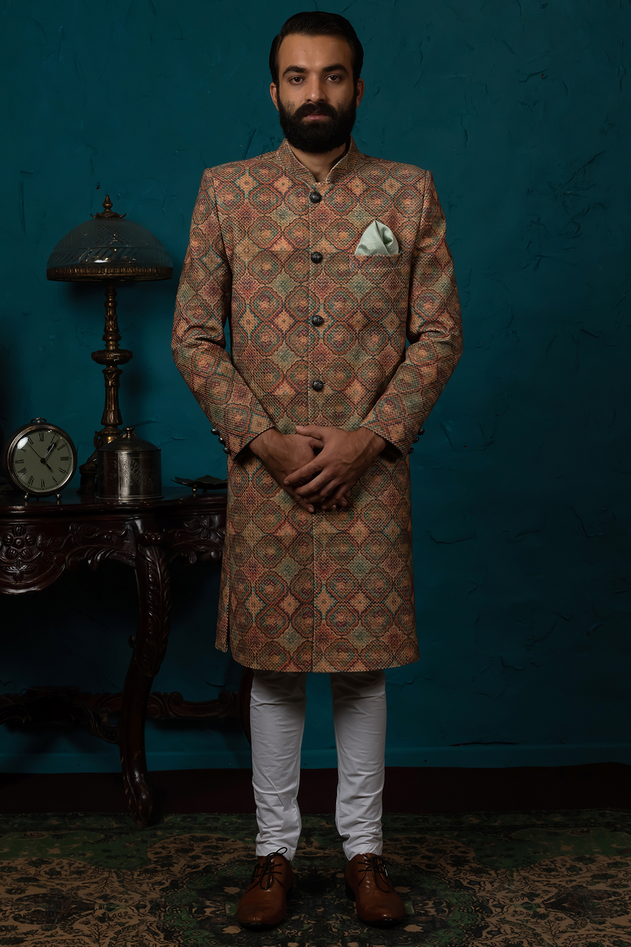 Rust Orange Printed Kurta Set by Nautanky By Nilesh Parashar Men at Pernia's Pop Up Shop