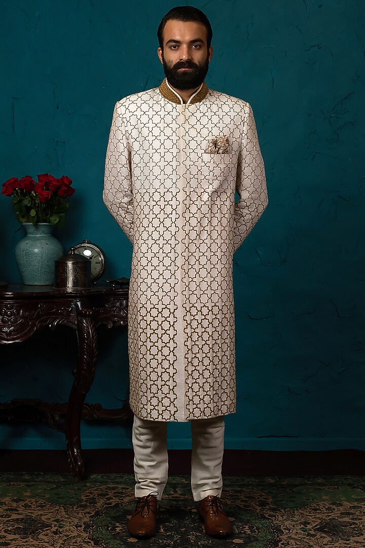 Blush Pink Embroidered Wedding Sherwani & Churidar by Nautanky By Nilesh Parashar Men at Pernia's Pop Up Shop