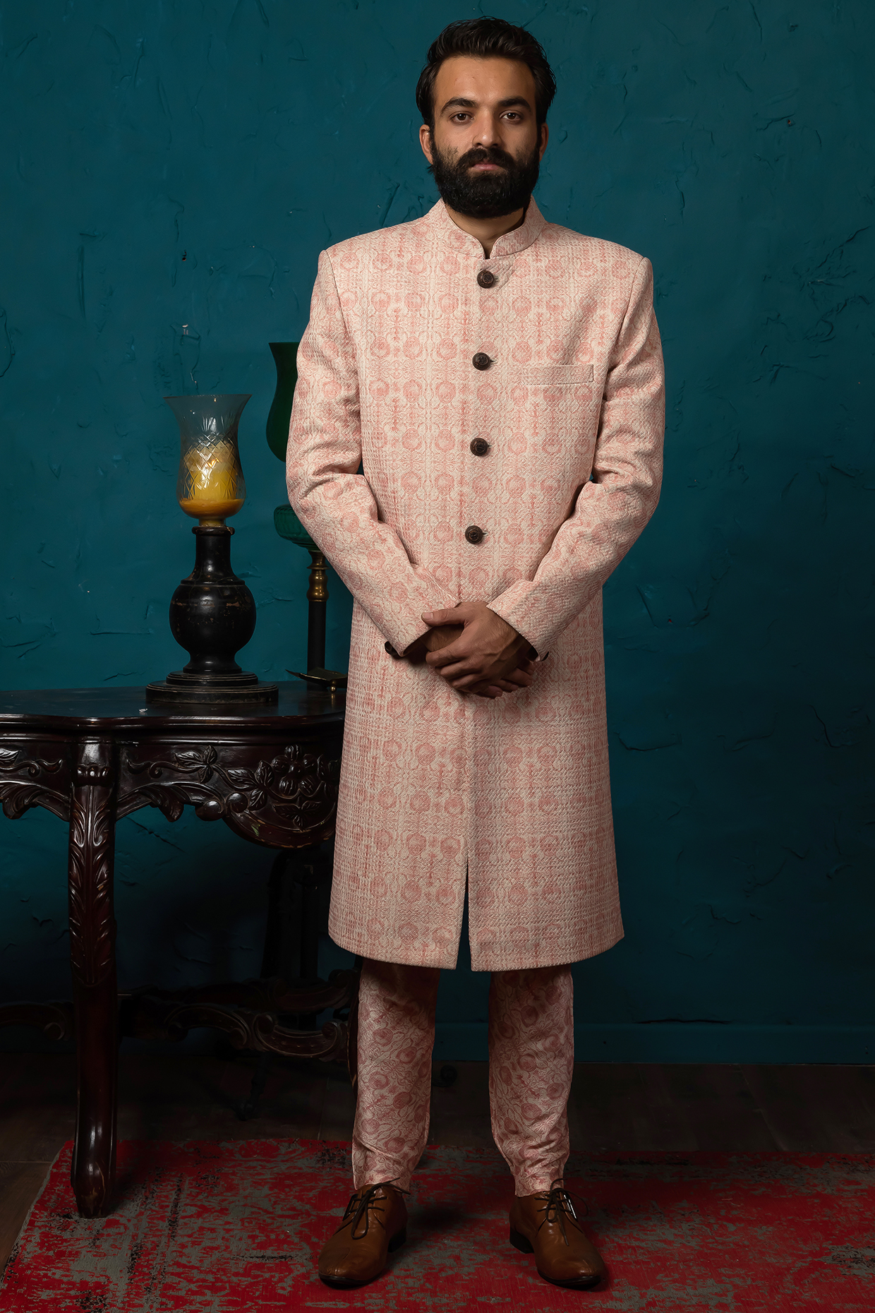Blush Pink Kurta Set With Print by Nautanky By Nilesh Parashar Men at Pernia's Pop Up Shop