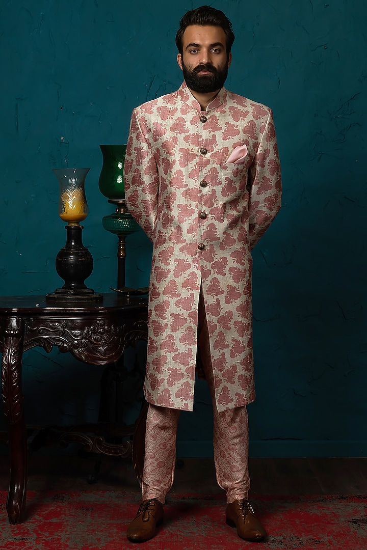Blush Pink Silk Printed Kurta Set  by Nautanky By Nilesh Parashar Men at Pernia's Pop Up Shop