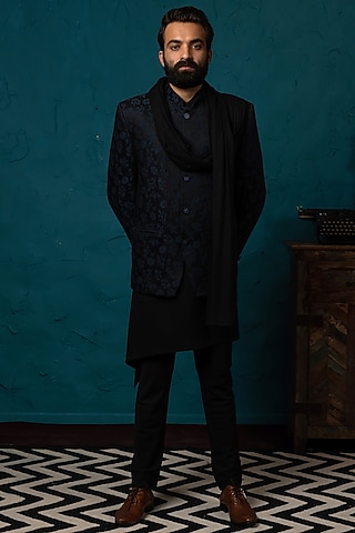 Black Jacquard Bandhgala Jacket Set by Nautanky By Nilesh Parashar Men