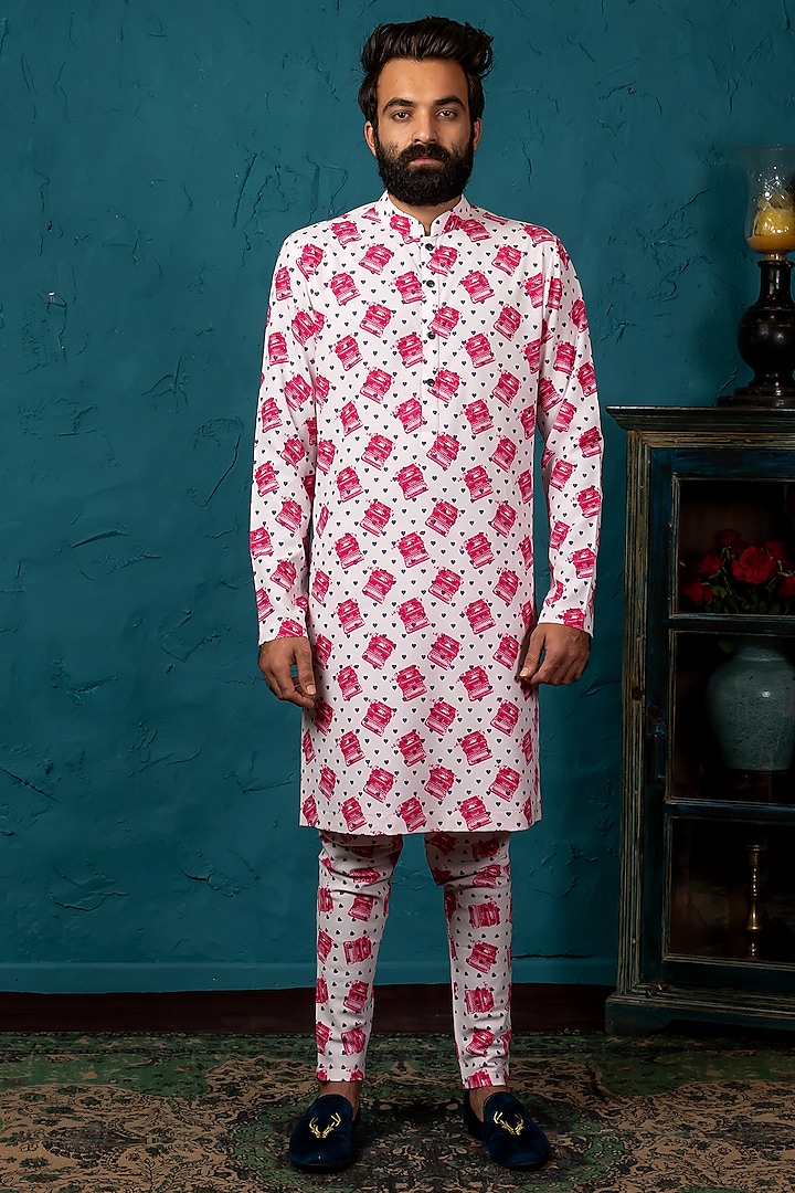 White & Pink Printed Kurta Set by Nautanky By Nilesh Parashar Men
