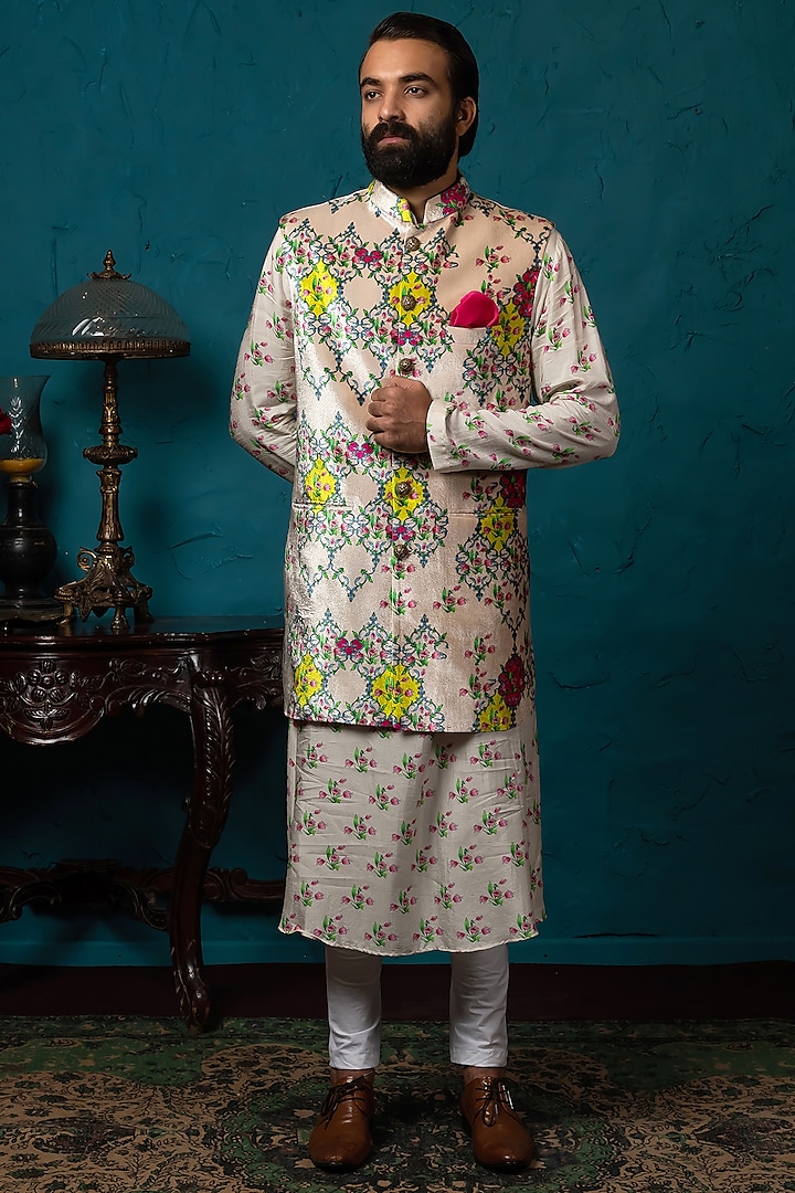 Blush Pink Printed Koti Jacket Set by Nautanky By Nilesh Parashar Men