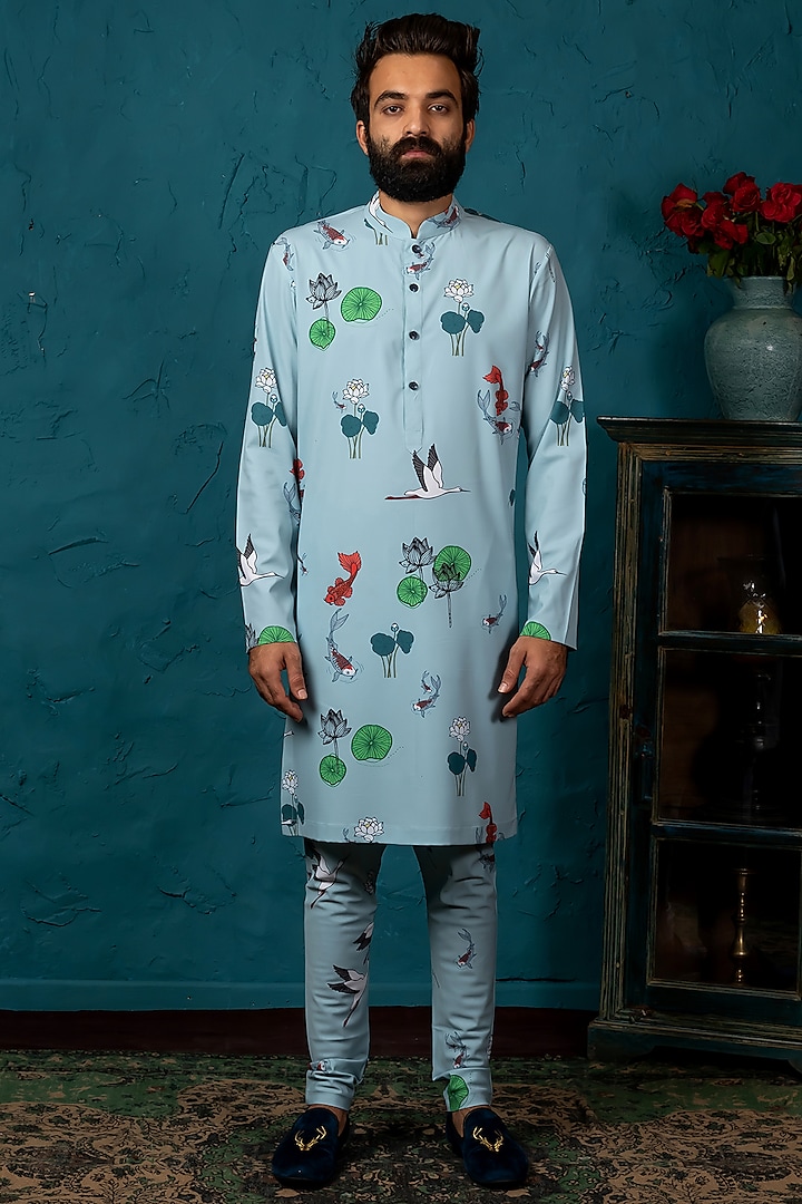 Powder Blue Printed Kurta Set by Nautanky By Nilesh Parashar Men at Pernia's Pop Up Shop