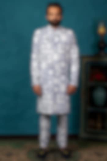 White & Blue Printed Kurta Set by Nautanky By Nilesh Parashar Men at Pernia's Pop Up Shop
