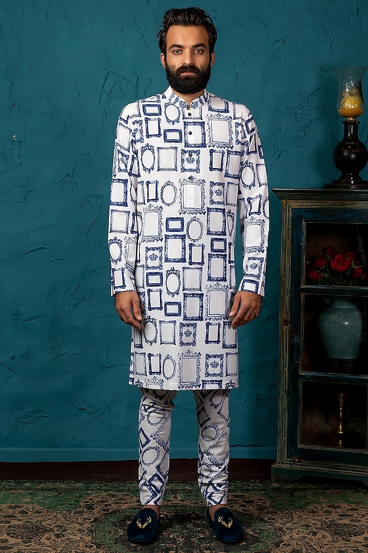 White & Blue Printed Kurta Set by Nautanky By Nilesh Parashar Men