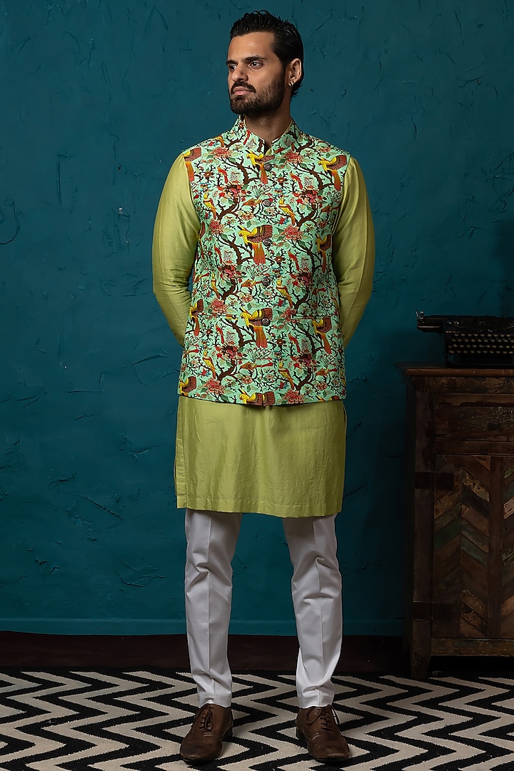 Light Green Printed Koti Jacket Set by Nautanky By Nilesh Parashar Men