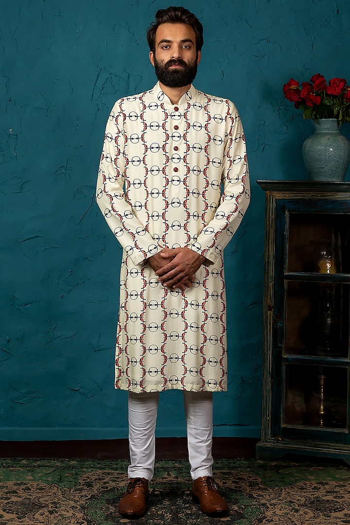 Beige Cotton Silk Kurta Set With Print by Nautanky By Nilesh Parashar Men