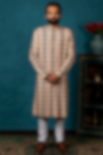 Blush Pink Cotton Silk Kurta Set With Print by Nautanky By Nilesh Parashar Men at Pernia's Pop Up Shop