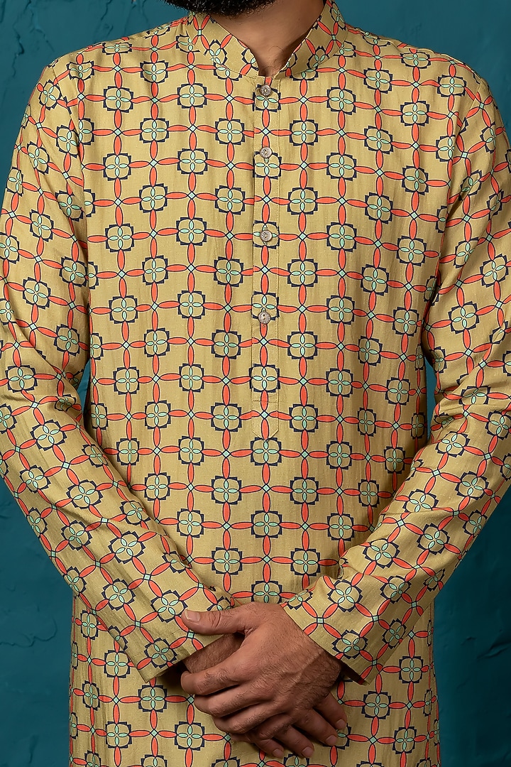 Mint Cotton Silk Printed Kurta Set by Nautanky By Nilesh Parashar Men at Pernia's Pop Up Shop