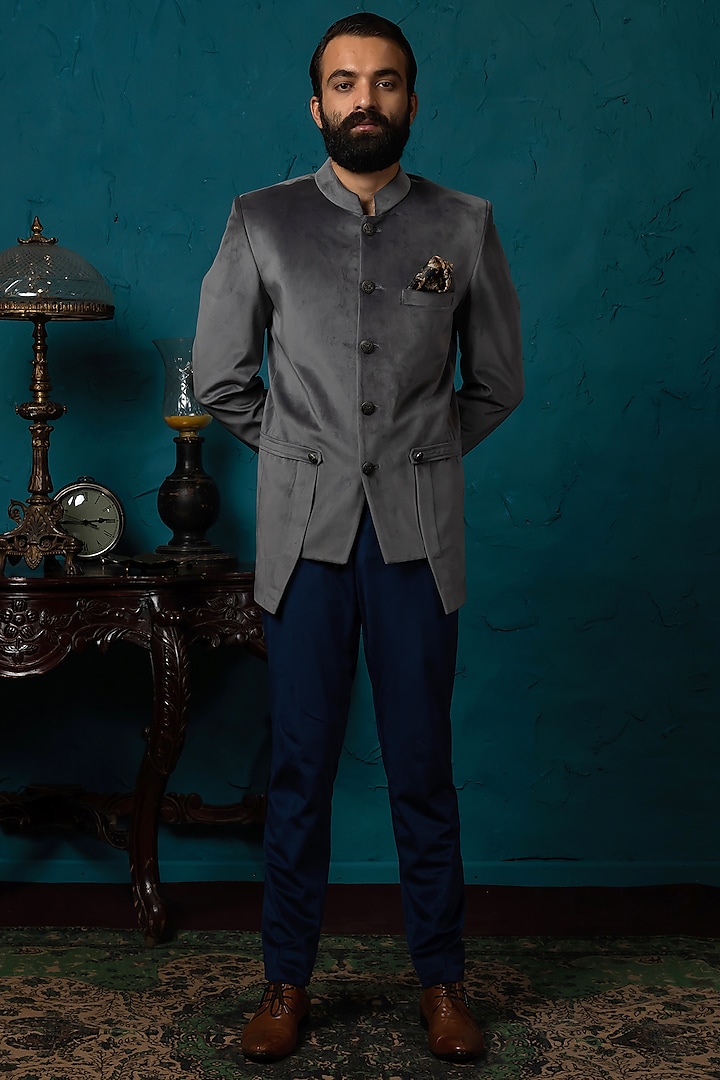 Grey & Blue Jodhpuri Jacket Set by Nautanky By Nilesh Parashar Men