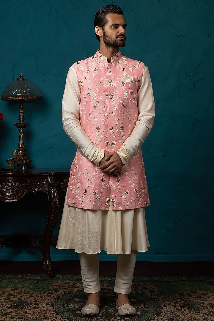 Blush Pink & Beige Koti Jacket Set by Nautanky By Nilesh Parashar Men