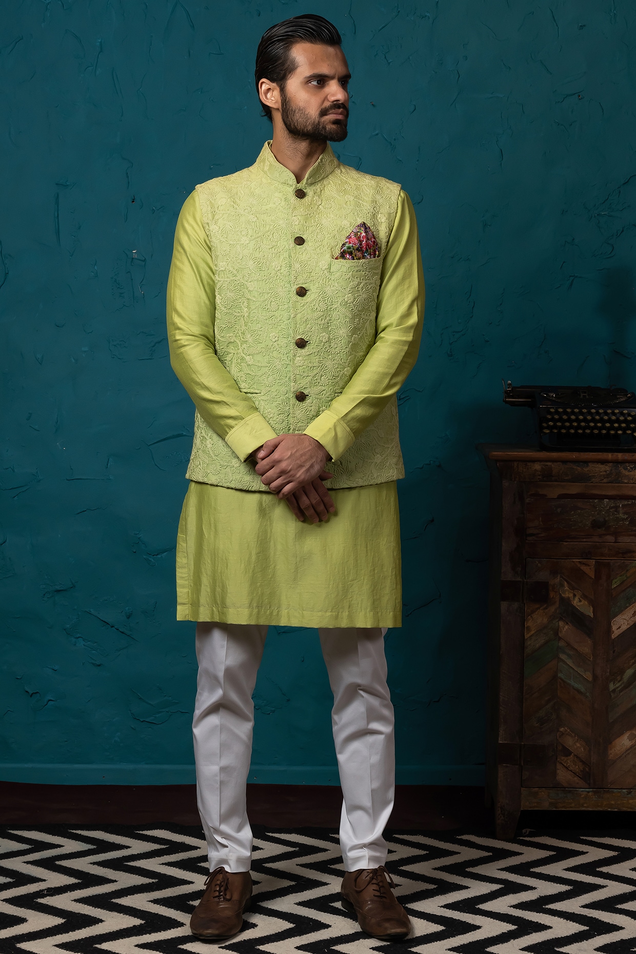 Pista Green Lucknowi Koti Jacket Set 
