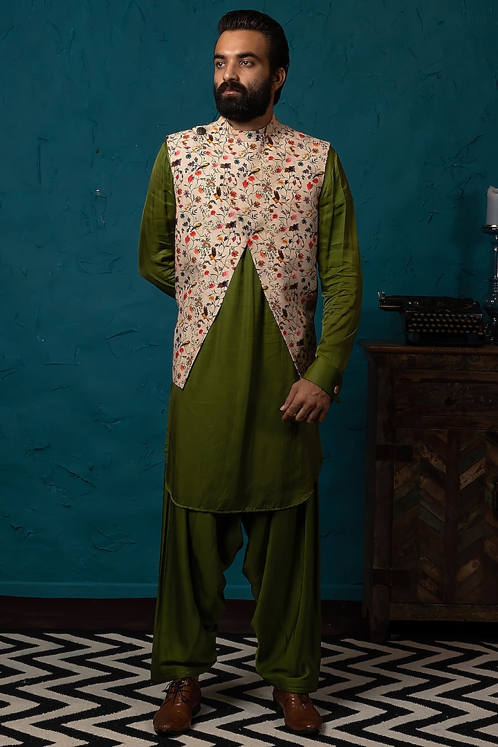Beige Silk Printed Koti Jacket Set by Nautanky By Nilesh Parashar Men at Pernia's Pop Up Shop