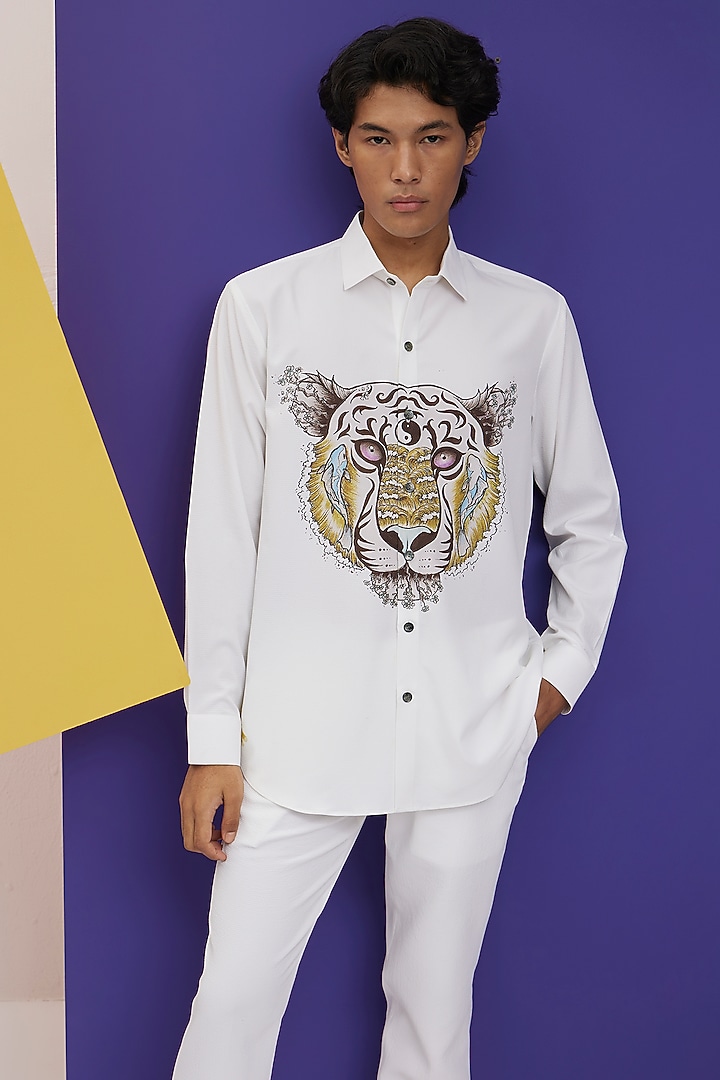 White Textured Polyester Party Wear Shirt by Nautanky By Nilesh Parashar Men at Pernia's Pop Up Shop