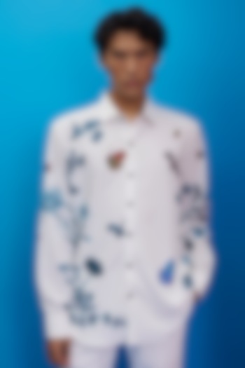 White Textured Polyester Printed Party Wear Shirt by Nautanky By Nilesh Parashar Men at Pernia's Pop Up Shop