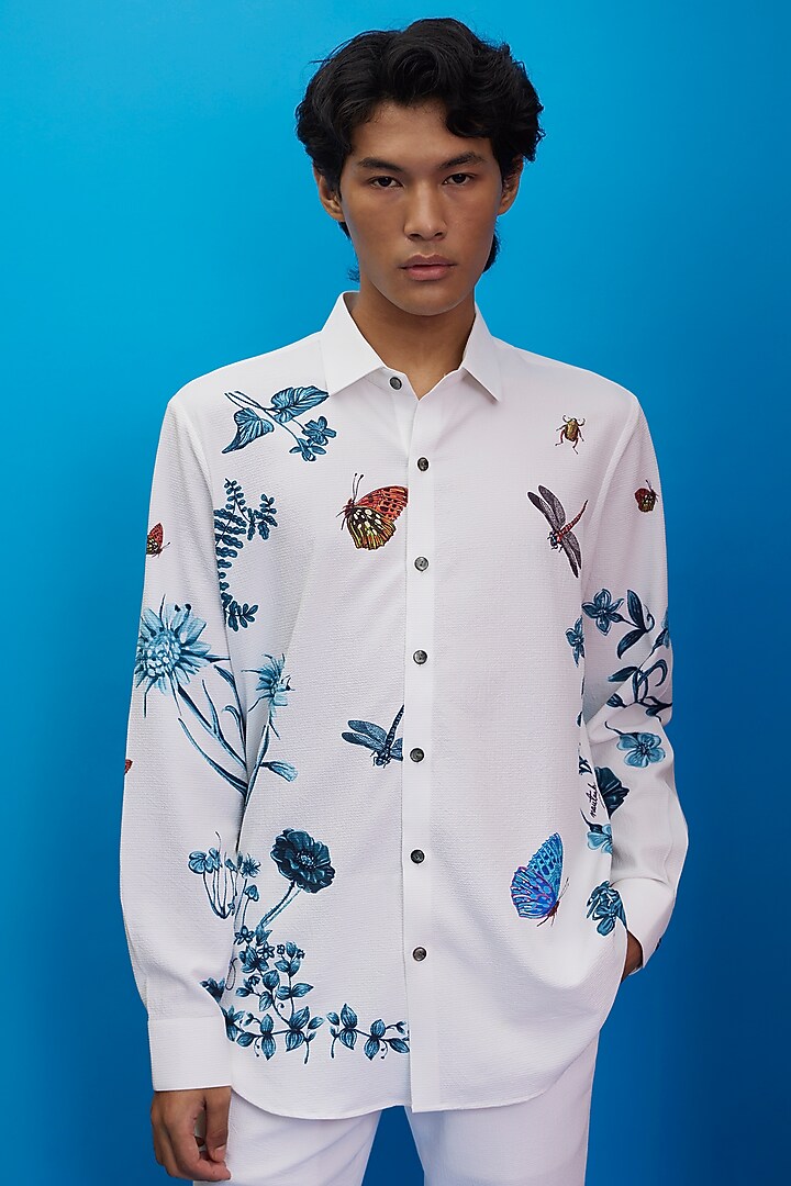 White Textured Polyester Printed Party Wear Shirt by Nautanky By Nilesh Parashar Men at Pernia's Pop Up Shop