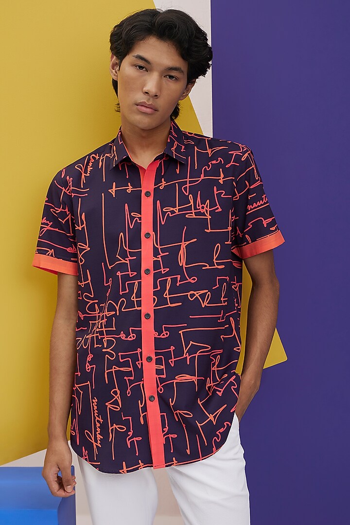 Midnight Blue Textured Polyester Party Wear Shirt by Nautanky By Nilesh Parashar Men at Pernia's Pop Up Shop