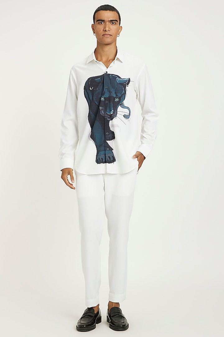 White Fluid Cotton Printed Party Wear Shirt by Nautanky By Nilesh Parashar Men at Pernia's Pop Up Shop