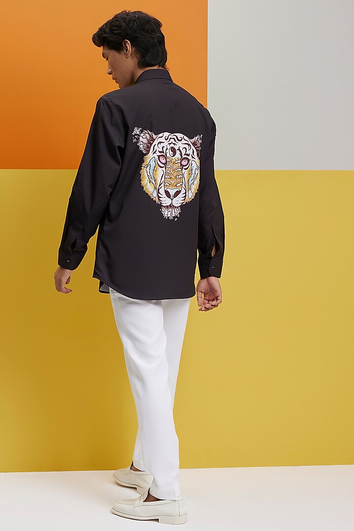 Black Textured Polyester Printed Party Wear Shirt by Nautanky By Nilesh Parashar Men at Pernia's Pop Up Shop