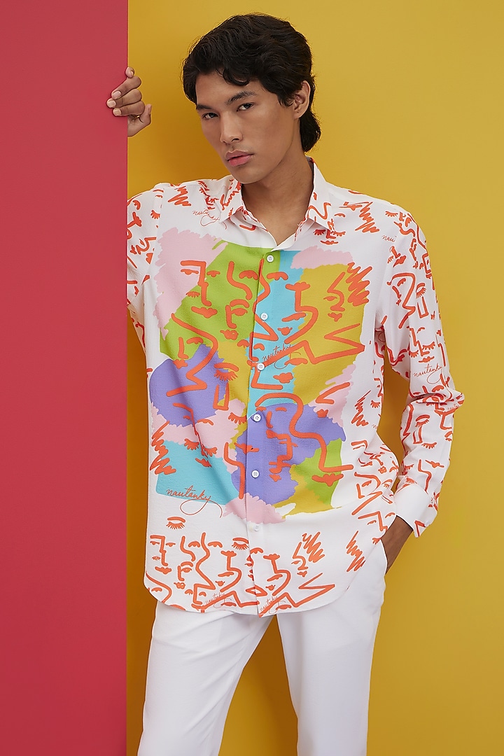 White Textured Polyester Shirt by Nautanky By Nilesh Parashar Men