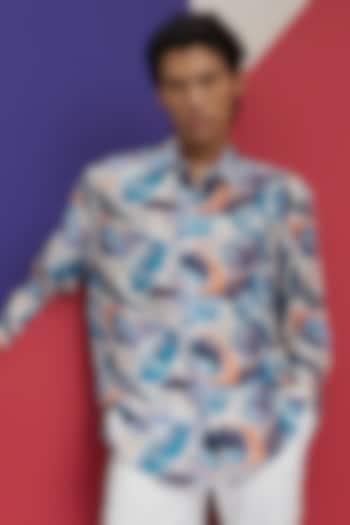 Ivory & Aqua Fluid Cotton Tropical Printed Party Wear Shirt by Nautanky By Nilesh Parashar Men at Pernia's Pop Up Shop