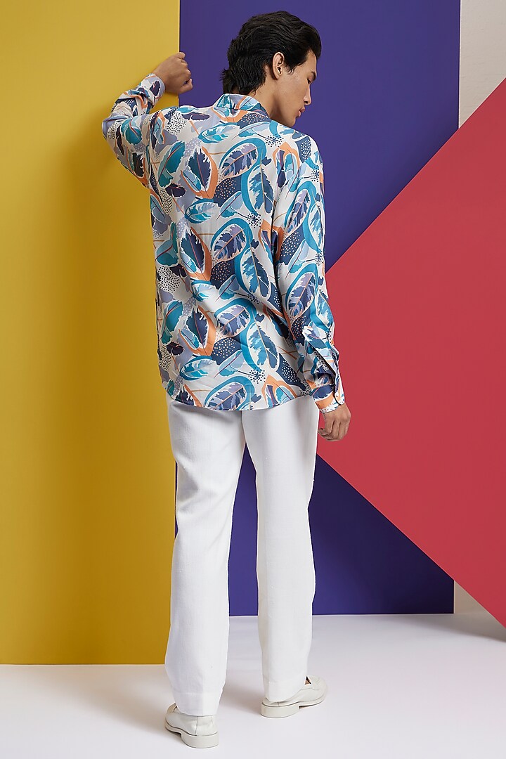 Ivory & Aqua Fluid Cotton Tropical Printed Party Wear Shirt by Nautanky By Nilesh Parashar Men at Pernia's Pop Up Shop
