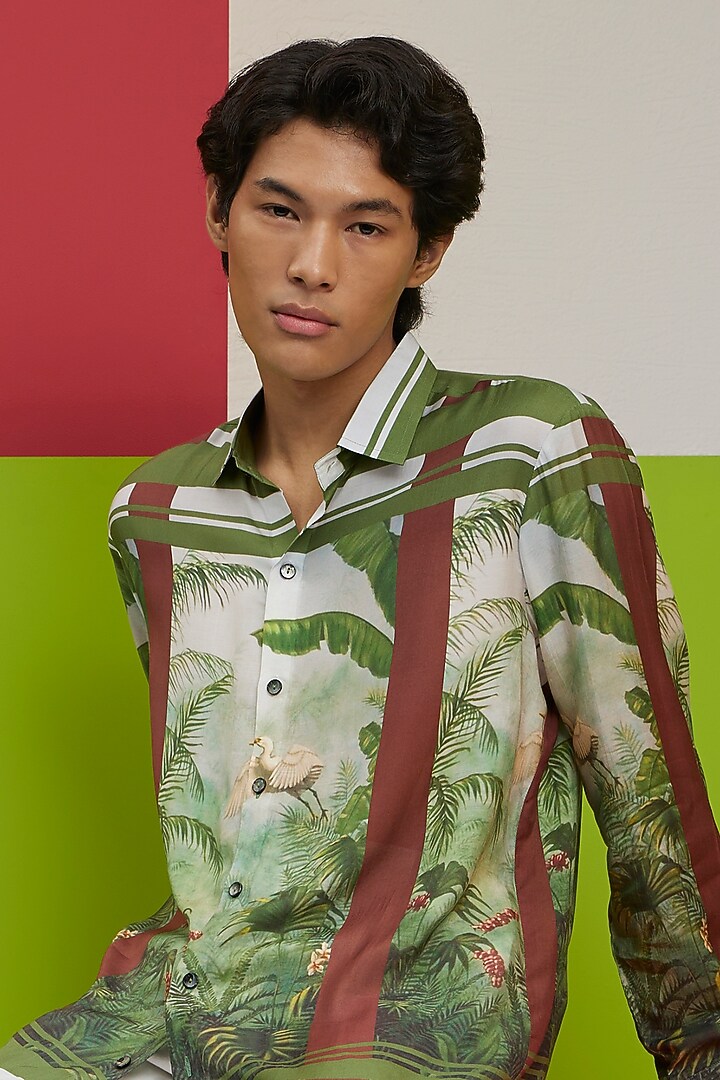 Forest Green Fluid Cotton Printed Party Wear Shirt by Nautanky By Nilesh Parashar Men at Pernia's Pop Up Shop
