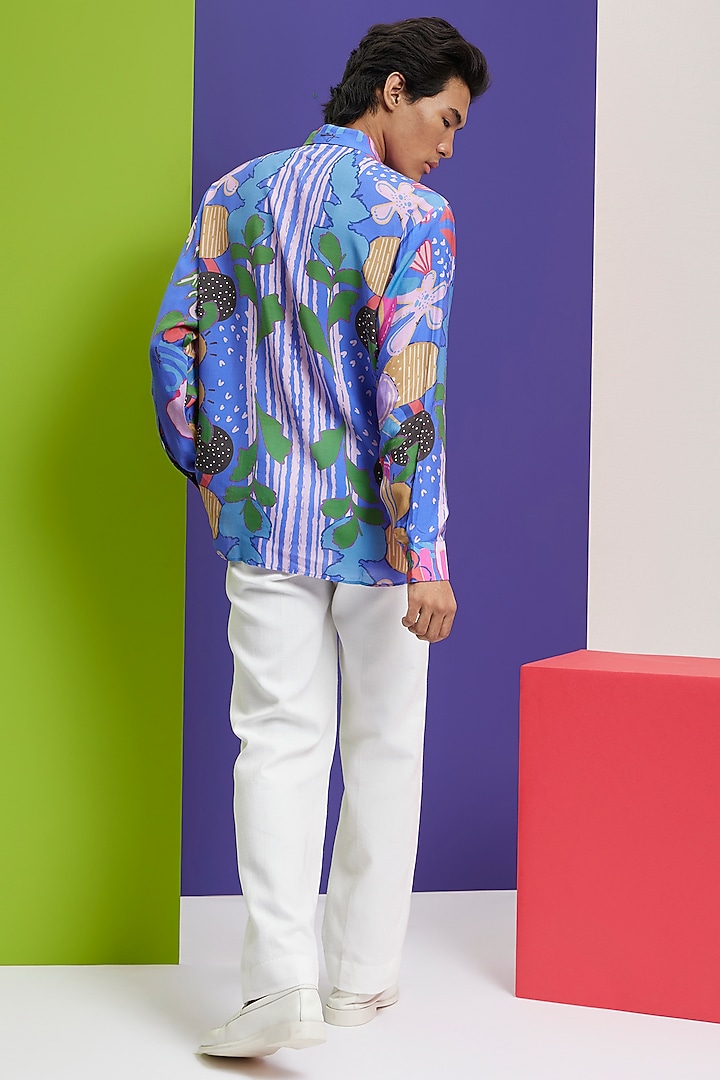 Cobalt Blue Fluid Cotton Printed Party Wear Shirt by Nautanky By Nilesh Parashar Men at Pernia's Pop Up Shop