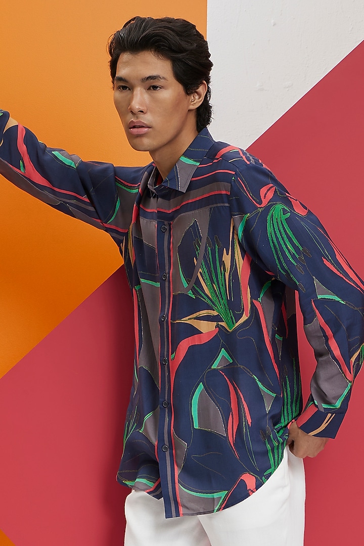 Forest Green Fluid Cotton Printed Party Wear Shirt by Nautanky By Nilesh Parashar Men at Pernia's Pop Up Shop