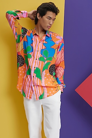 Orange Fluid Cotton Printed Shirt by Nautanky By Nilesh Parashar Men