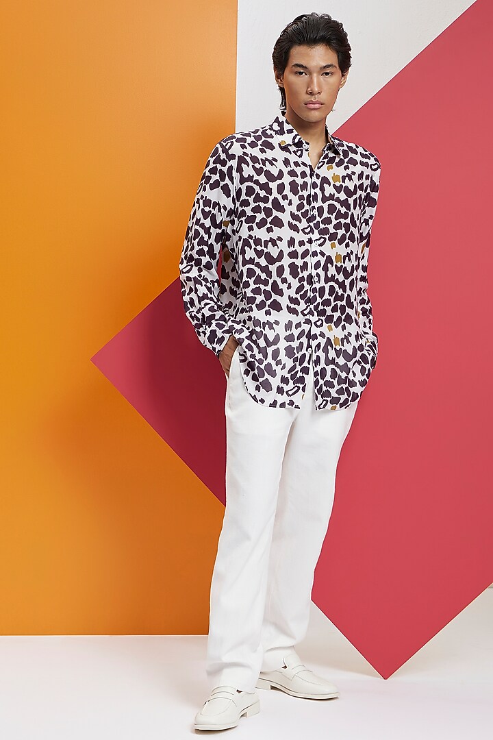 White & Black Cotton Leopard Printed Party Wear Shirt by Nautanky By Nilesh Parashar Men at Pernia's Pop Up Shop