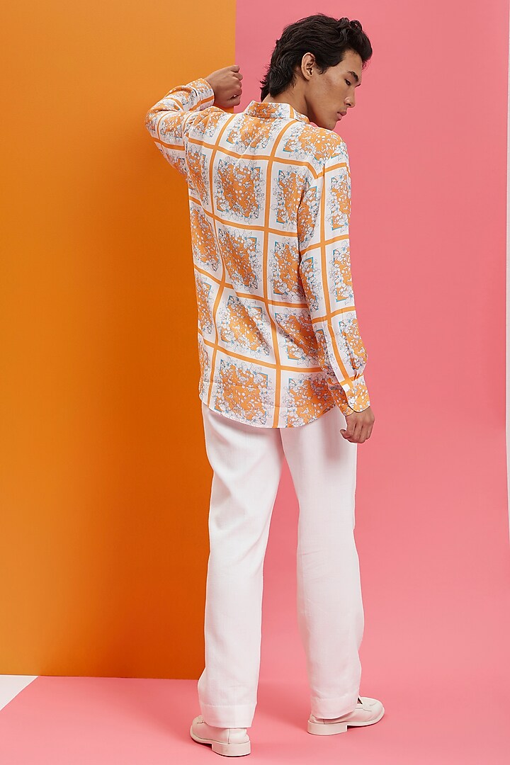 Off White & Orange Fluid Cotton Printed Party Wear Shirt by Nautanky By Nilesh Parashar Men at Pernia's Pop Up Shop
